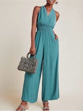 Anthropologie Teal Halter Smocked-Waist Wide-Leg Jumpsuit